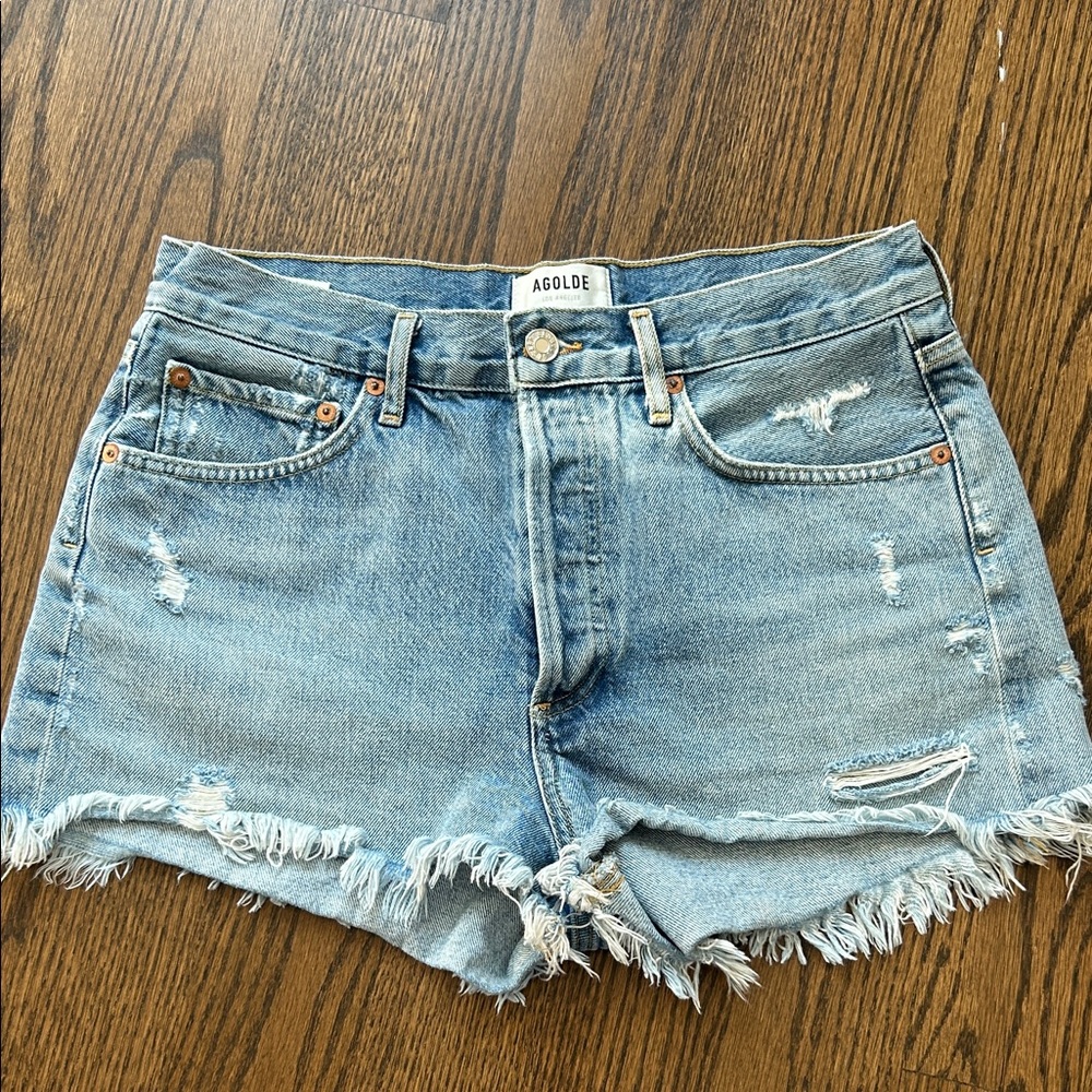 Agolde Frayed Hem Jean Shorts - Light Blue